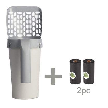Cat litter scoop with perforated sifter plus two included waste bag rolls