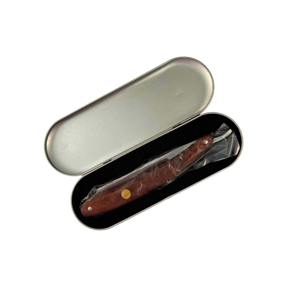 Straight razor case with rosewood-handled razor inside, in black foam lining
