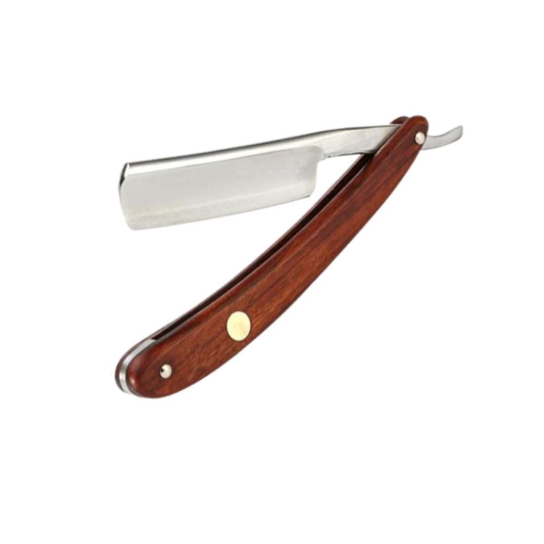 Straight razor with rosewood handle and silver blade, single-edge design