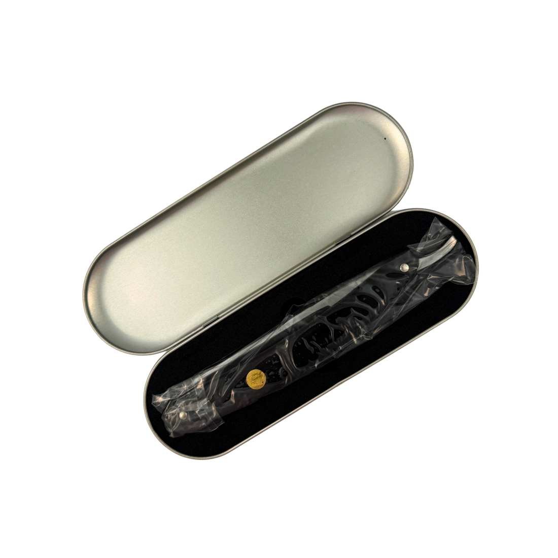 Straight razor case set with opened black interior and silver outer sleeve