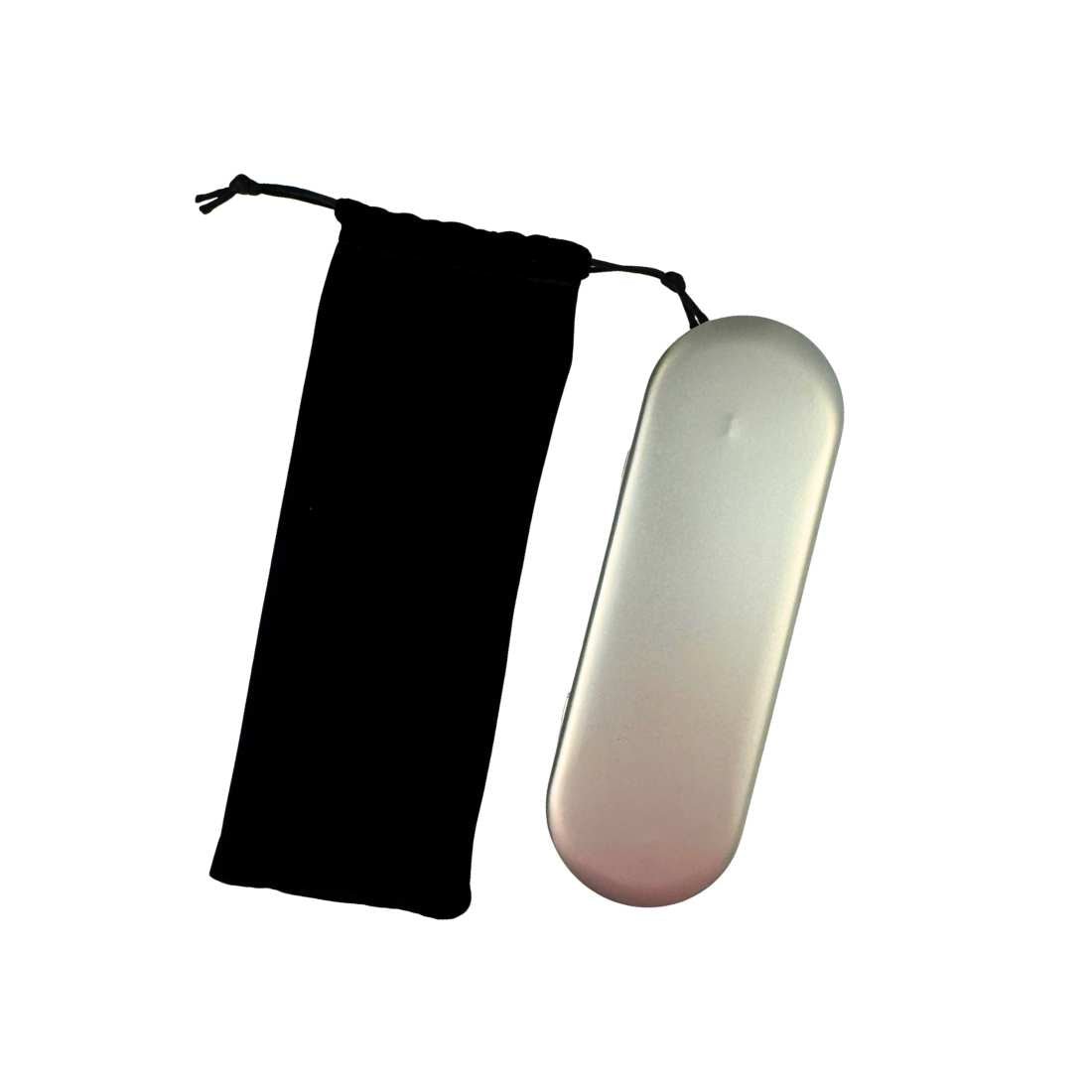 Black drawstring pouch and silver straight razor case
