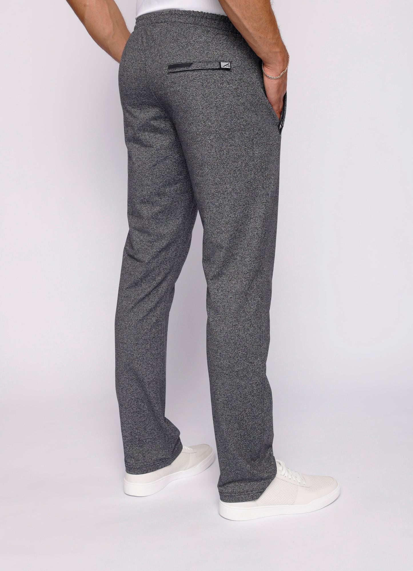 Men's athletic sweatpants, straight leg, dark heather grey, full side view with elastic waist