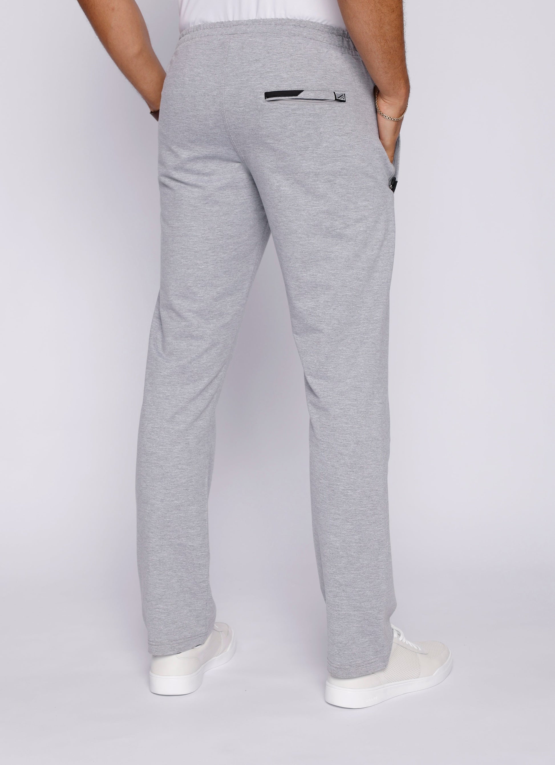 Light grey heather straight athletic sweatpants with drawstring waist and side logo