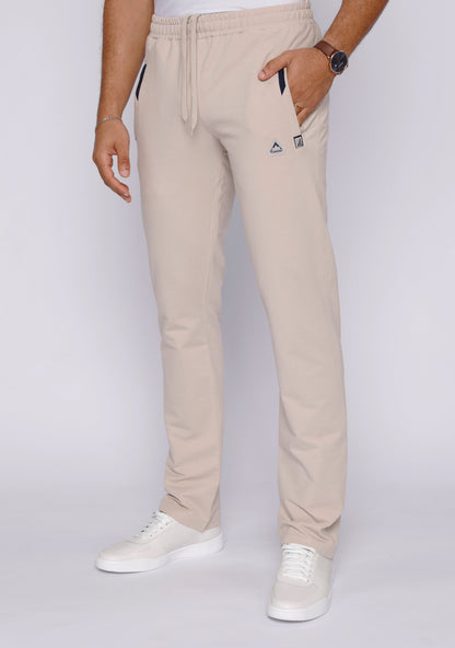 Light beige athletic sweatpants with drawstring elastic waistband and straight legs