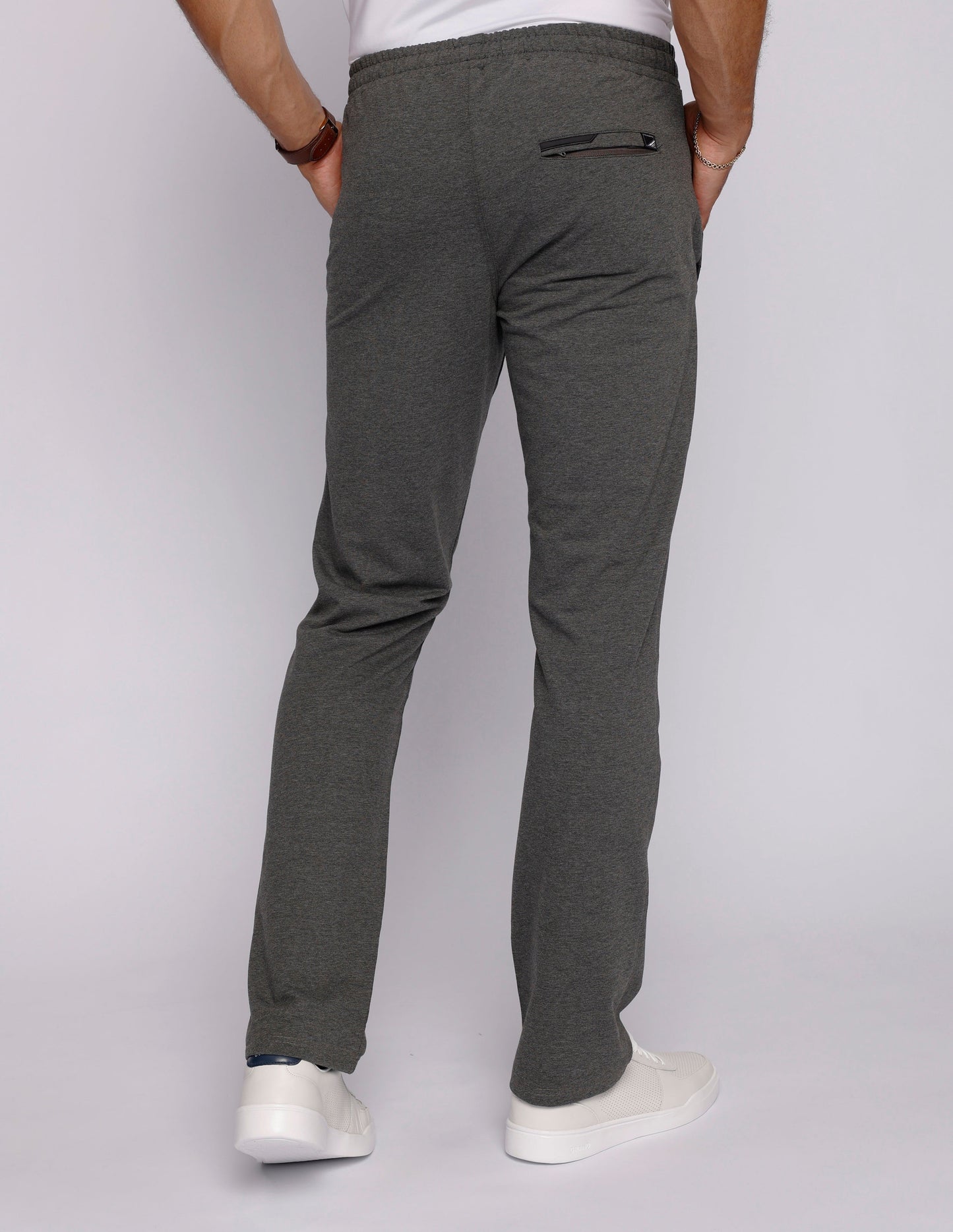 Men's athletic sweatpants, straight leg, dark heather grey, back view with elastic waistband