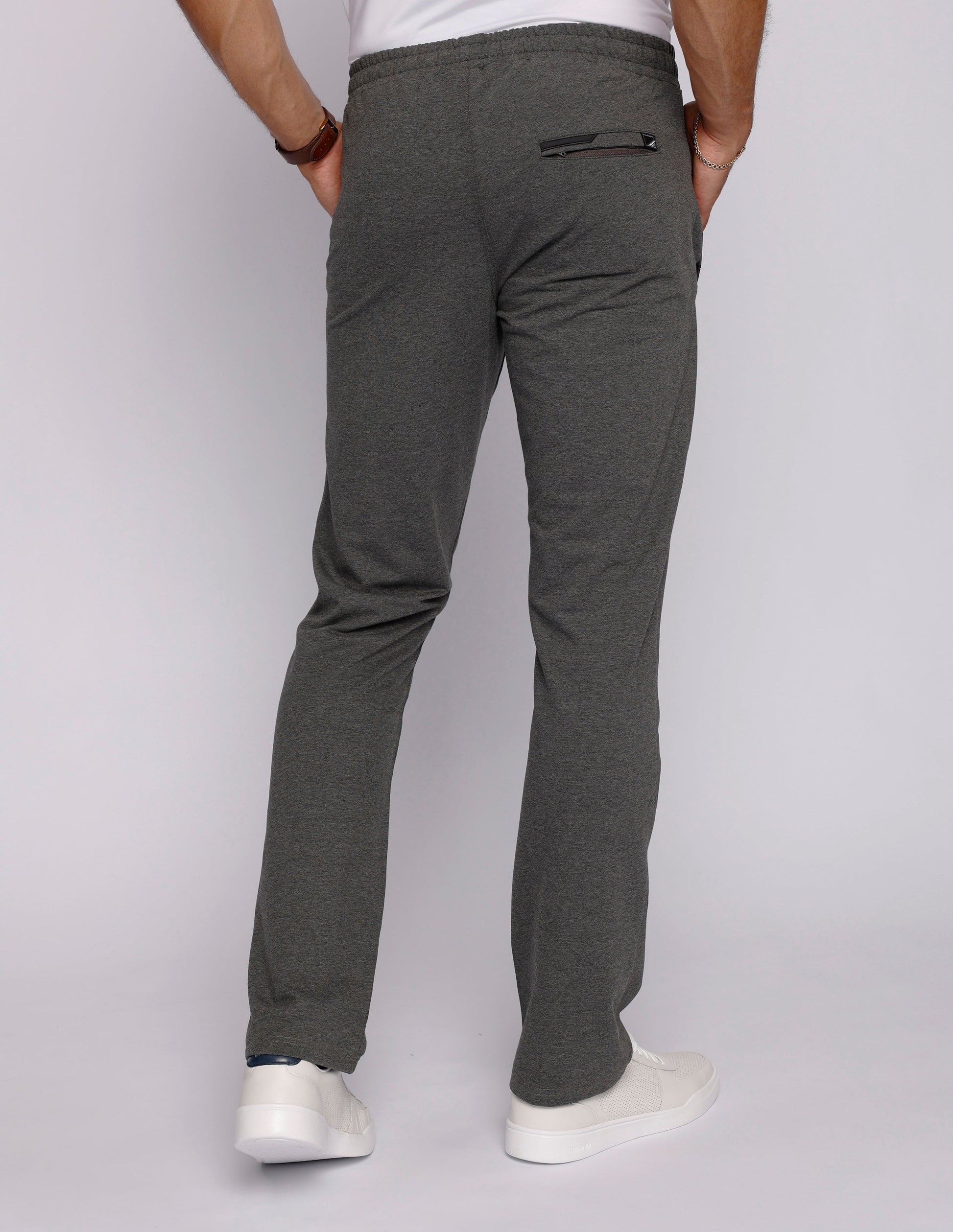 Men's athletic sweatpants, straight leg, dark heather grey, back view with elastic waistband