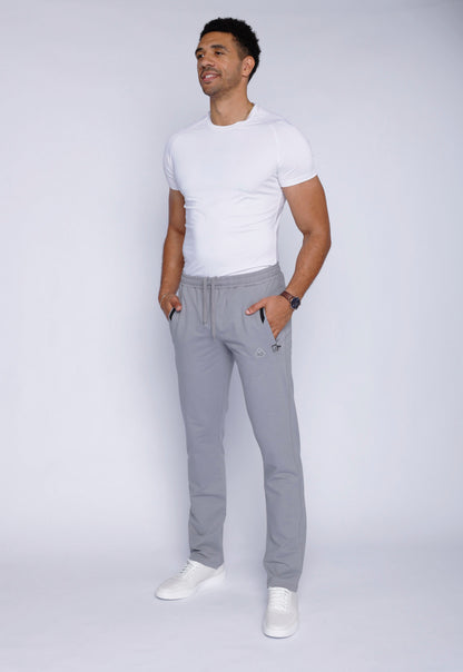 Men’s athletic straight sweatpants in light gray heather, elastic waistband, side pockets
