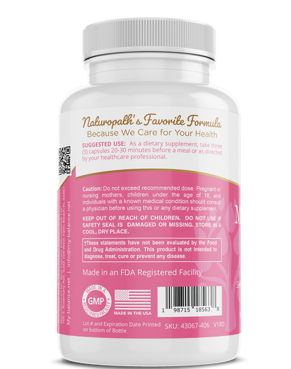 Supplement bottle with made in USA and GMP badge details, my balance nutraceuticals