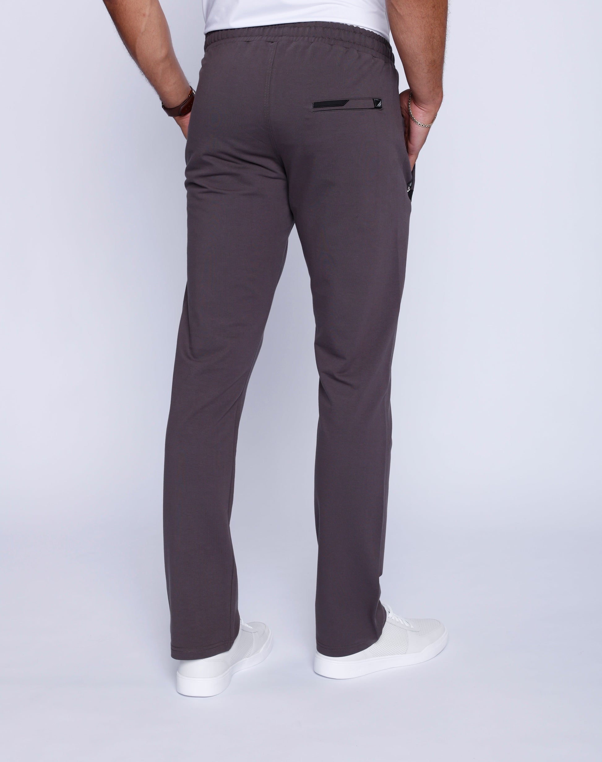 Men's athletic sweatpants, straight leg, dark grey with elastic waistband and rear logo
