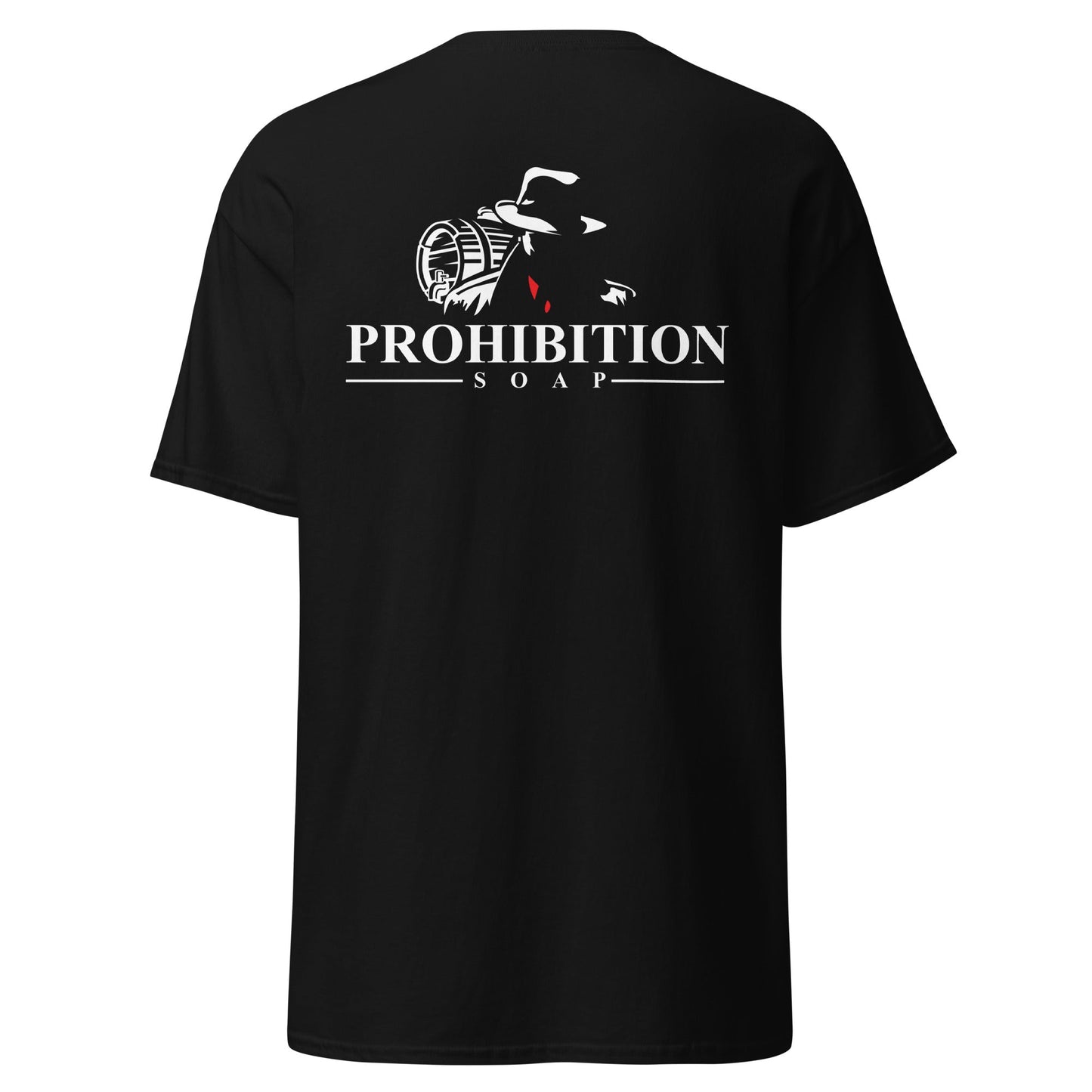 Men's black T-shirt with large back Prohibition Soap logo