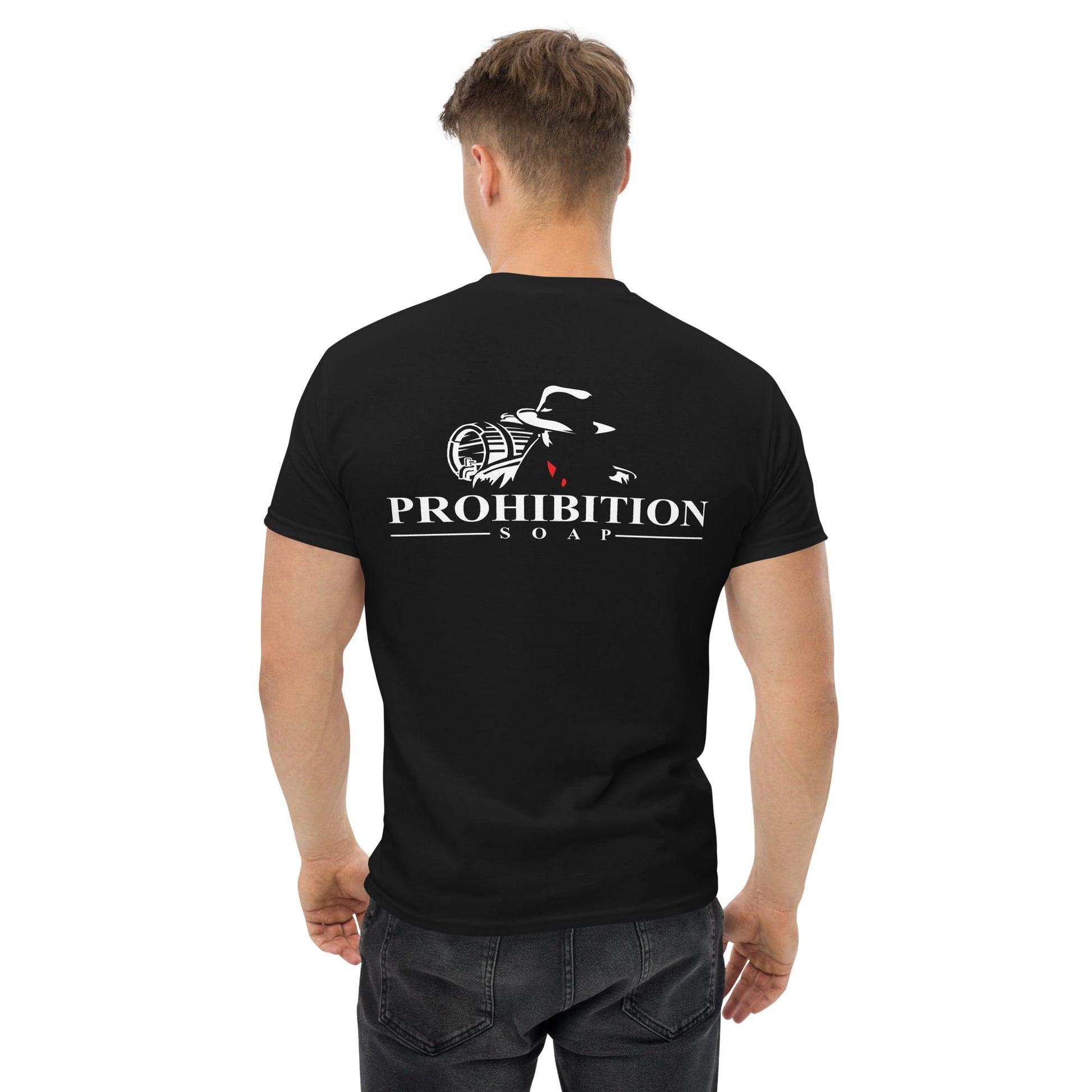 Men's black T-shirt with large back Prohibition Soap logo