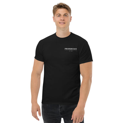 Men's black T-shirt with small Prohibition Soap logo at chest