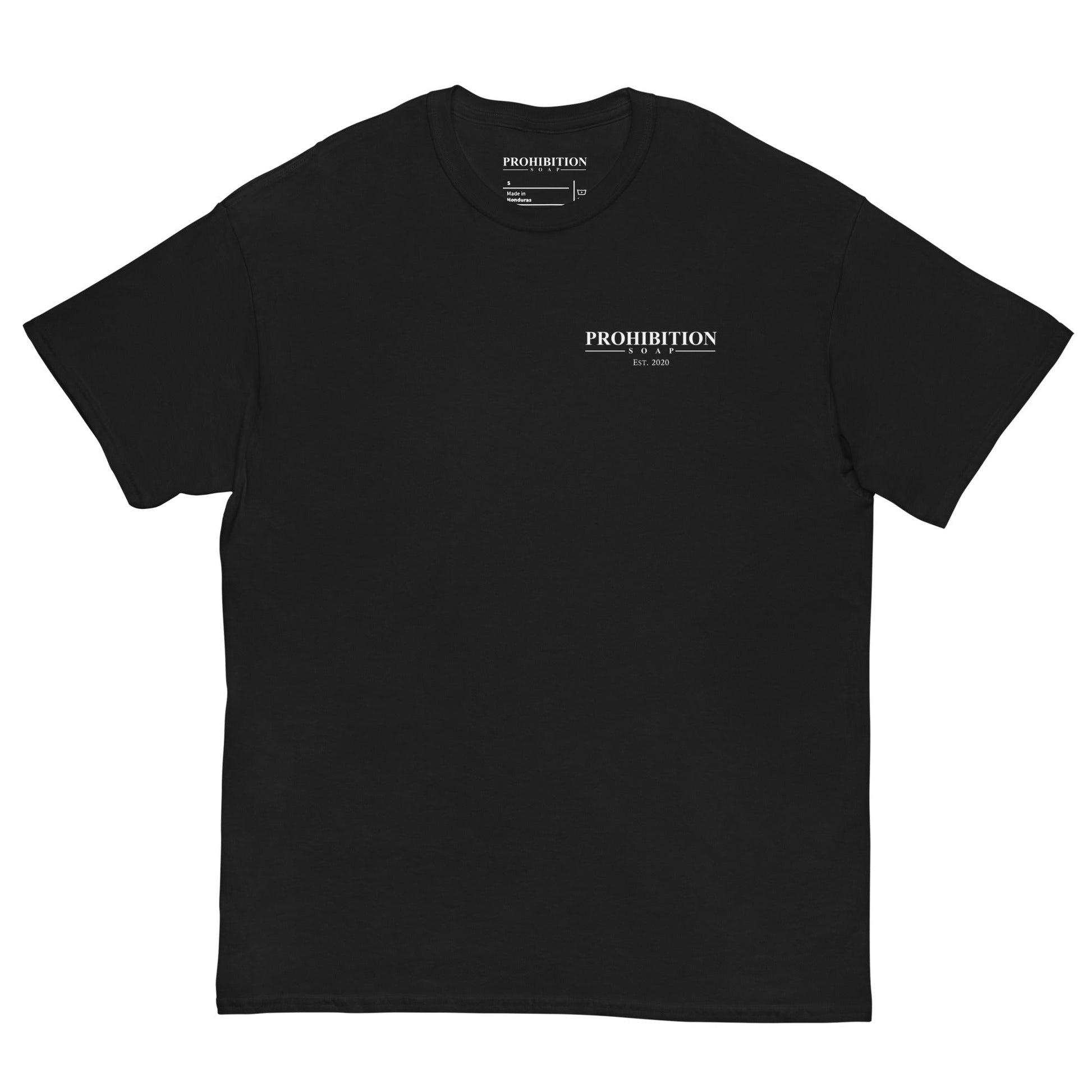 Men's black T-shirt with small Prohibition Soap logo on chest