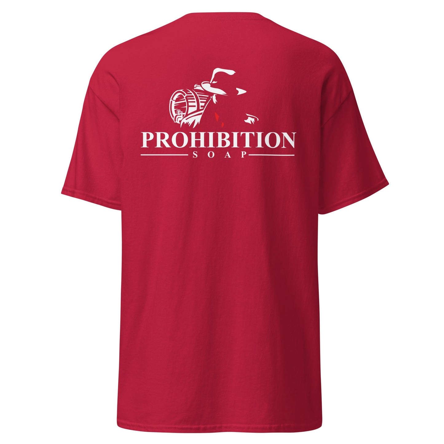 Men's red T-shirt with large back Prohibition Soap logo