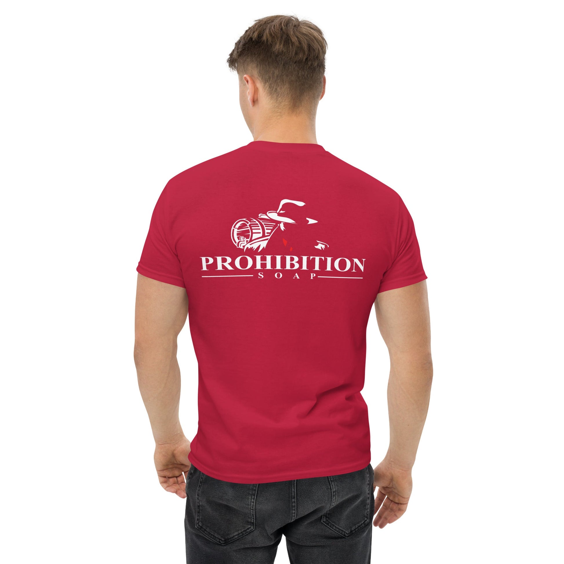 Men's red T-shirt with large back Prohibition Soap logo