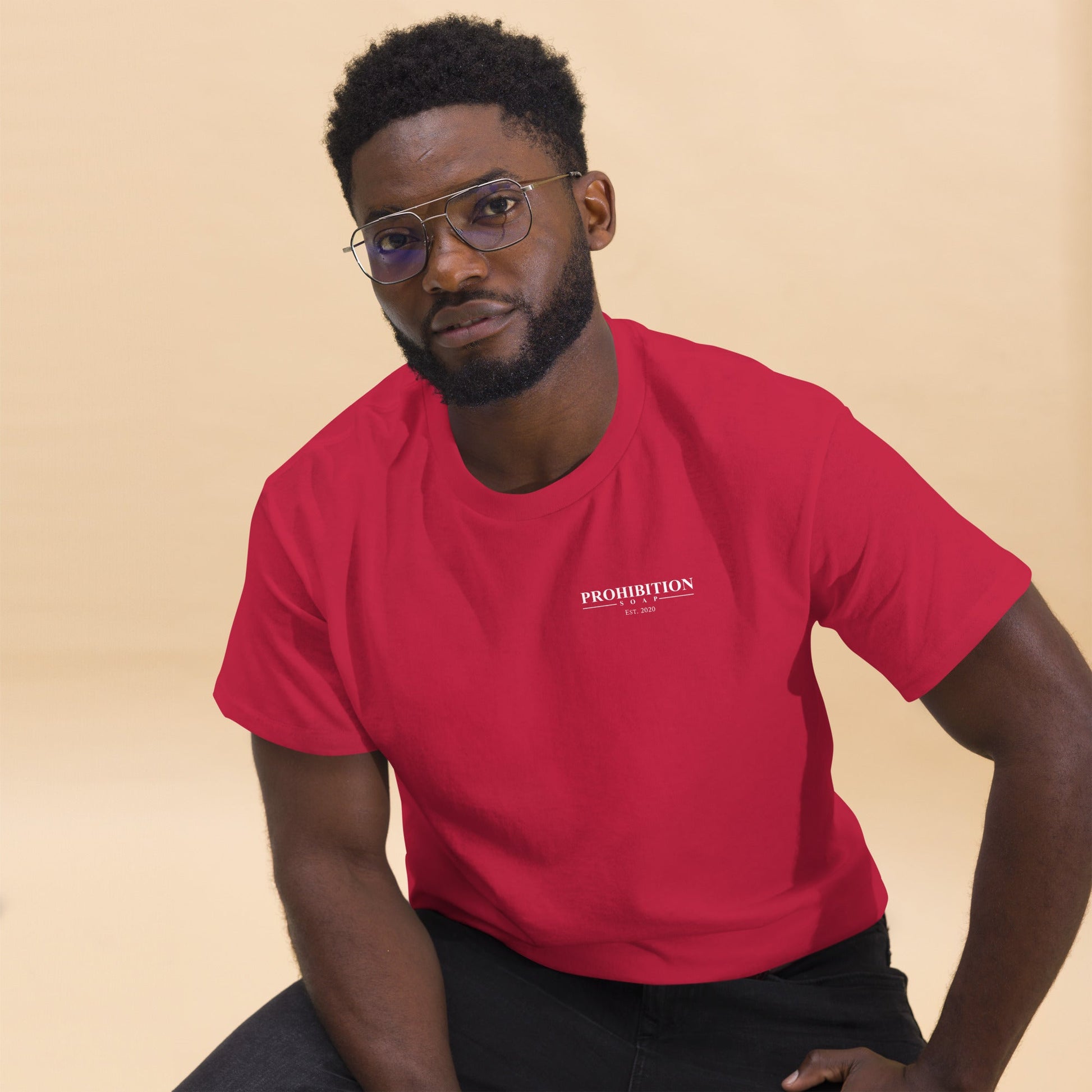 Men's red T-shirt with small Prohibition Soap logo on chest