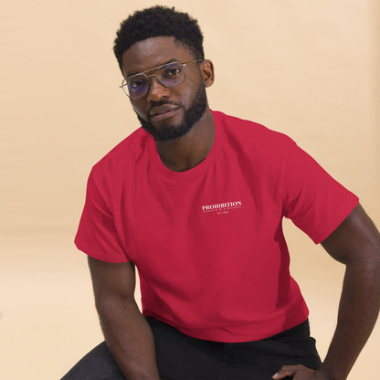 Men's red T-shirt with small Prohibition Soap logo on chest