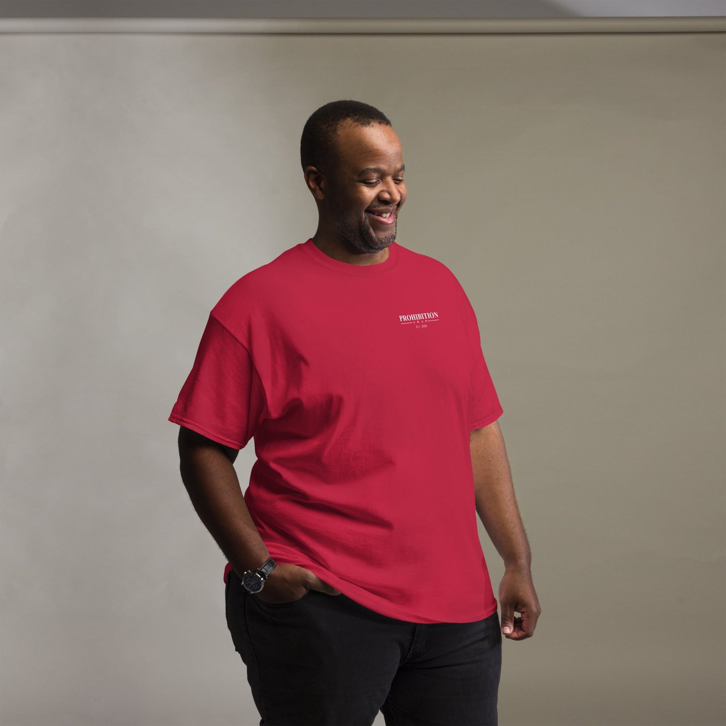 Men's red T-shirt with small Prohibition Soap logo on front