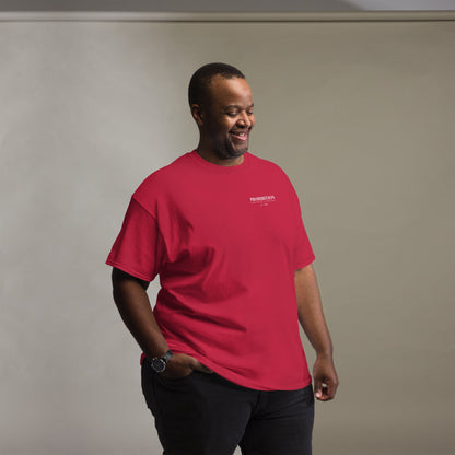Men's red T-shirt with small Prohibition Soap logo on front