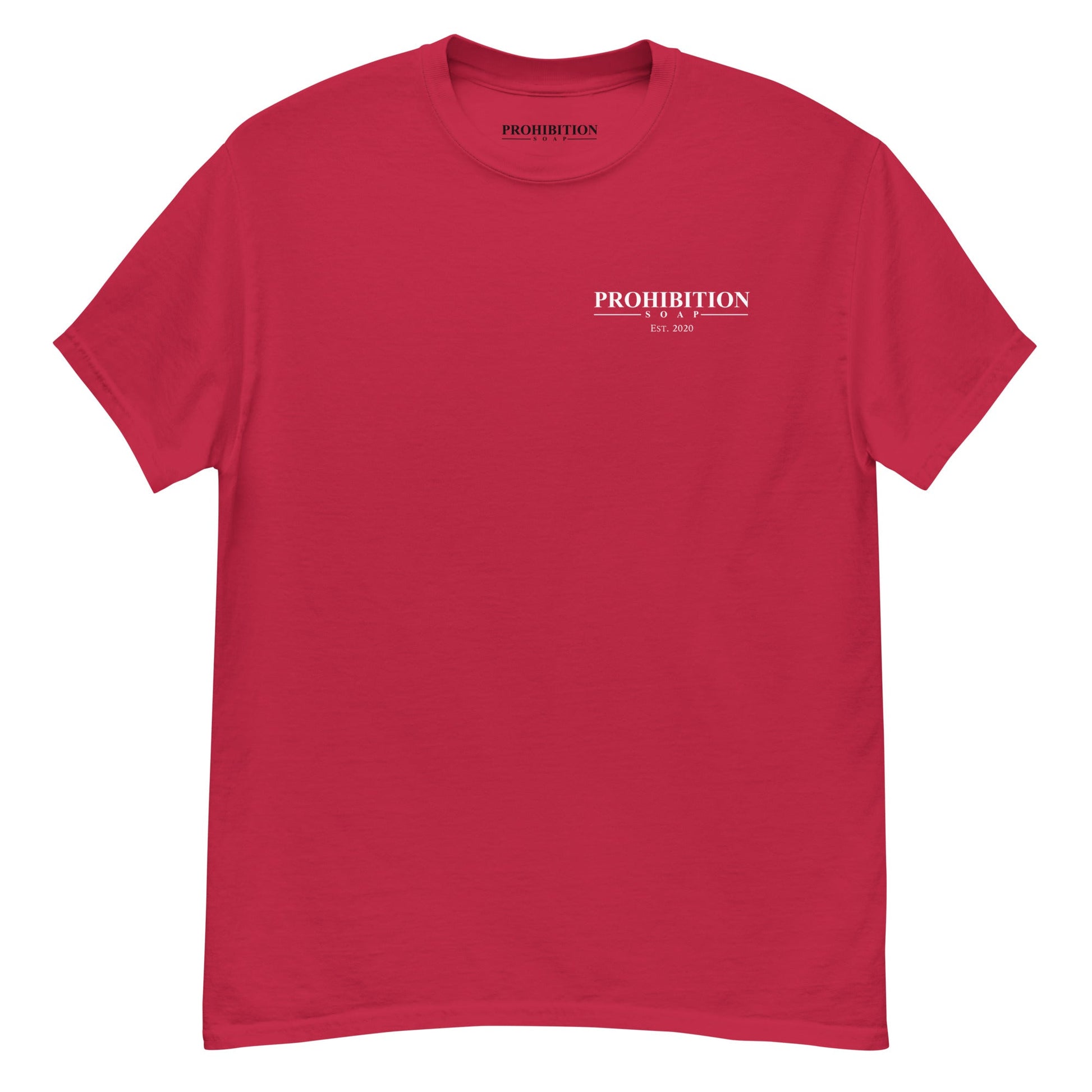 Men's red T-shirt with small Prohibition Soap logo on chest