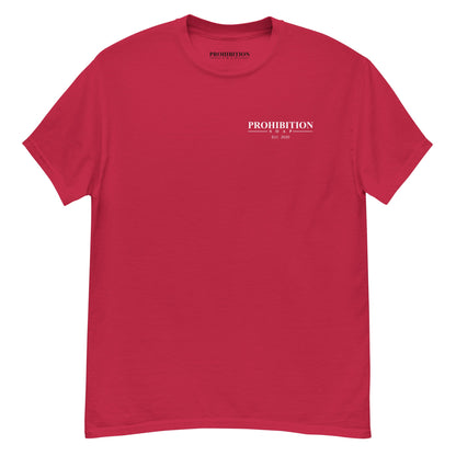 Men's red T-shirt with small Prohibition Soap logo on chest