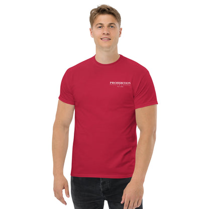 Men's red T-shirt with small Prohibition Soap logo at chest