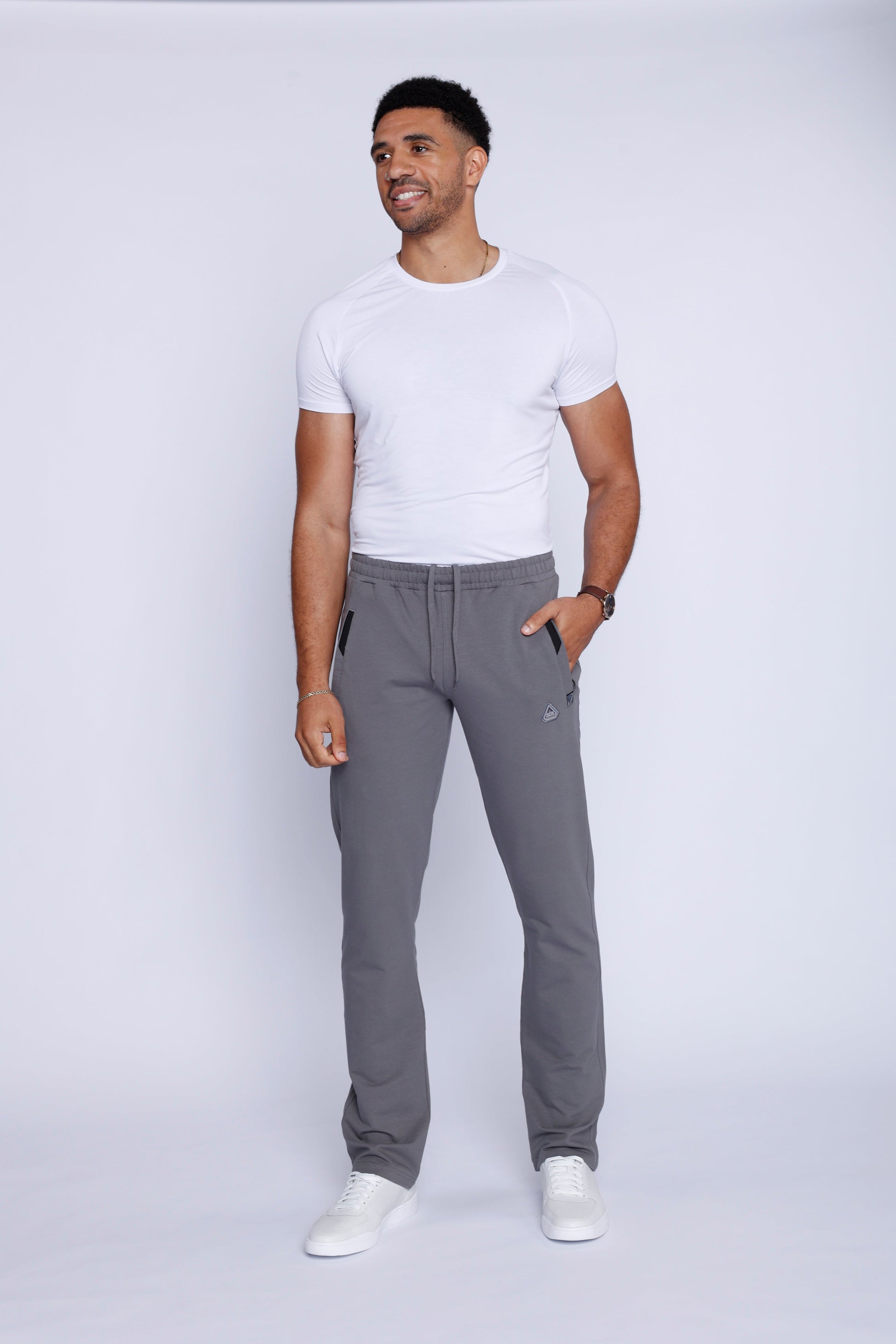 Men's athletic sweatpants, straight leg, grey with drawstring waist and side pockets