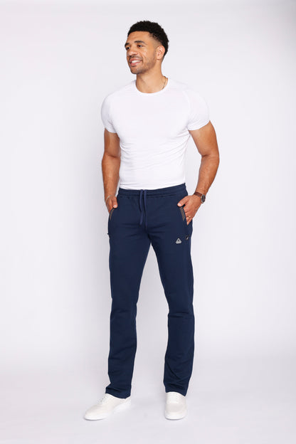 Navy straight athletic sweatpants with drawstring elastic waistband and side pockets