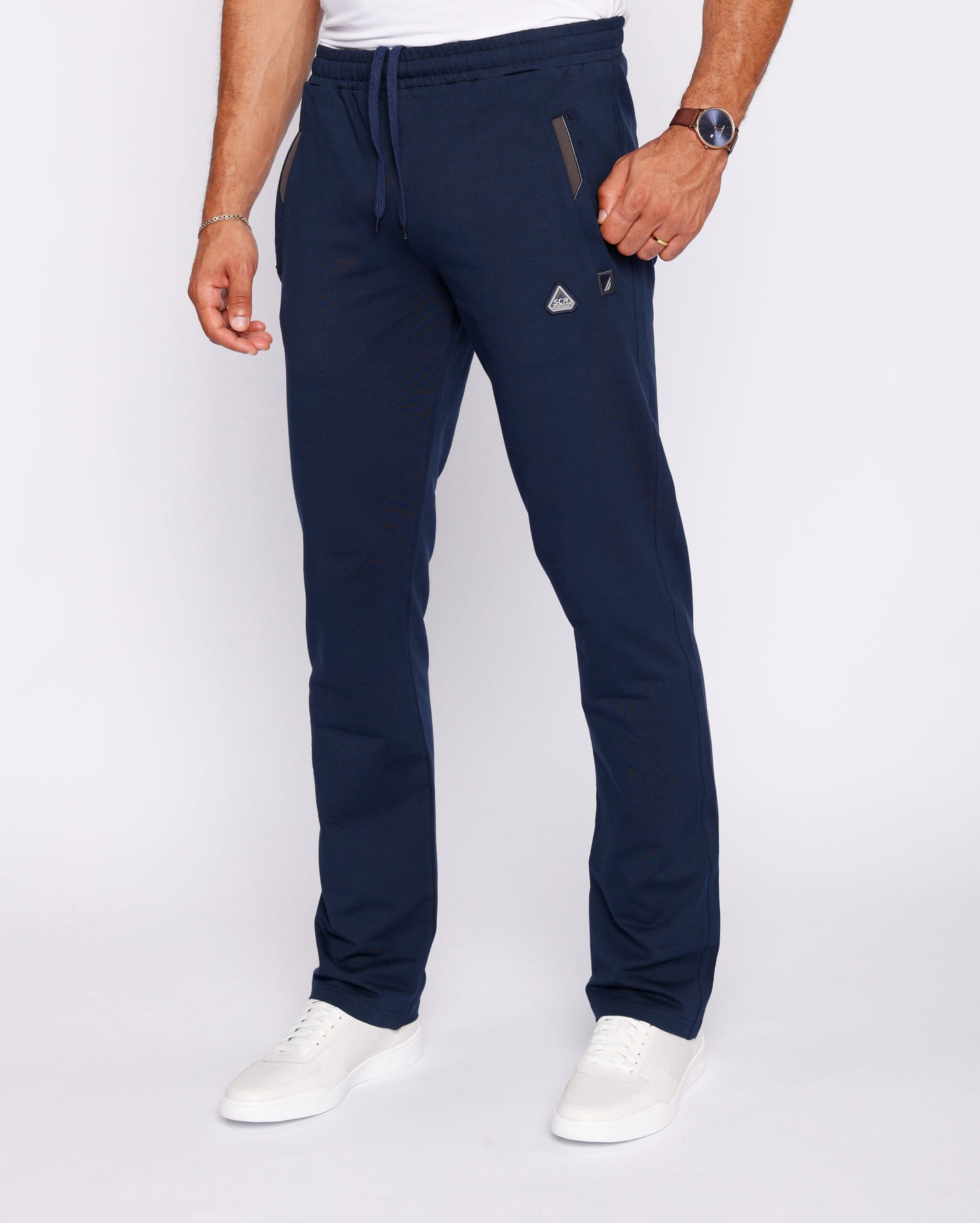 Dark navy athletic sweatpants with drawstring elastic waist and straight legs