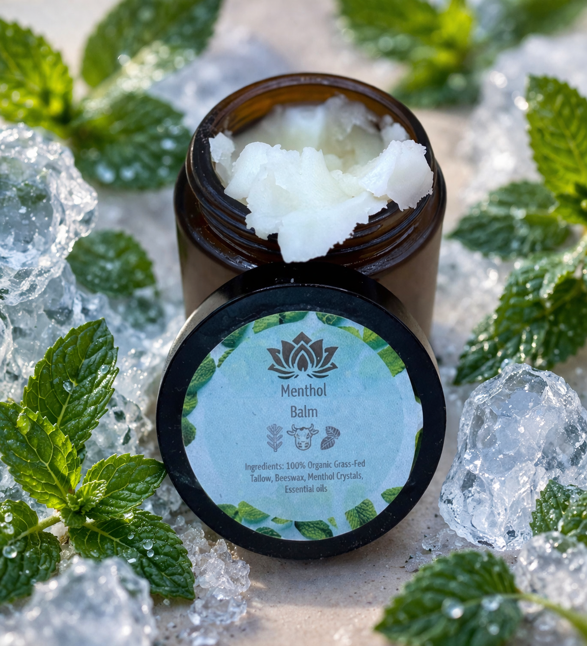 Menthol tallow balm in brown jar with open lid and mint leaf label
