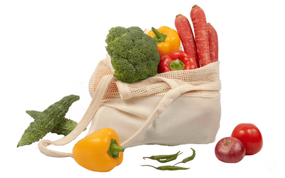 Beige mesh grocery tote bag with long handles and open top