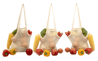 Beige mesh tote bag with long handles, open top, and mesh body