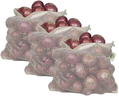 Mesh onion storage bags with drawstring, filled with red onions