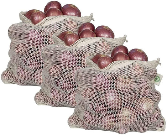 Mesh onion storage bags with drawstring, filled with red onions