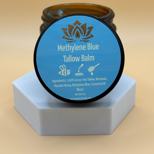 Methylene Blue tallow balm jar with blue label, black lid