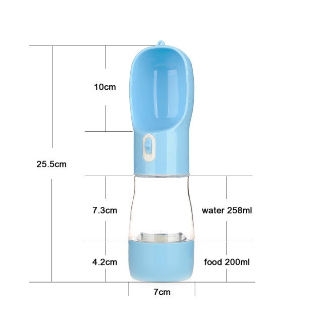 Blue pet water bottle feeder with dual capacities: water 258ml and food 200ml