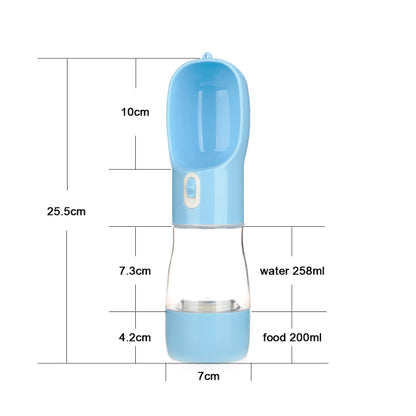 Blue pet water bottle feeder with dual capacities: water 258ml and food 200ml