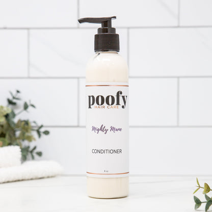 Mighty Mane Conditioner by poofy Hair Care, pump dispenser bottle, cream-colored