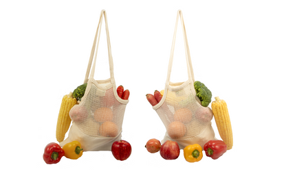 Beige mesh tote bag with reinforced seams and long handles