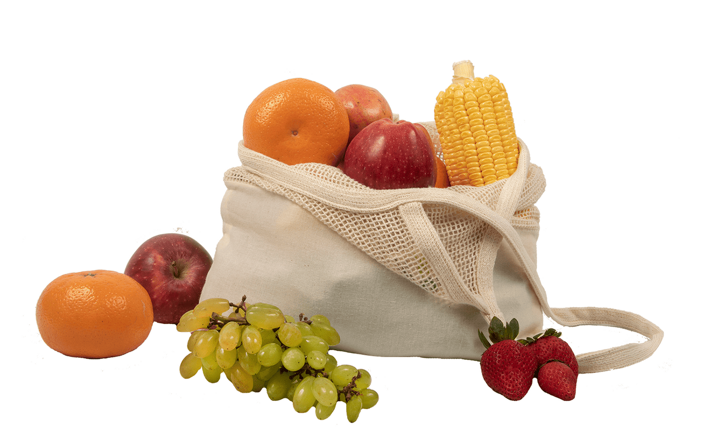 Beige mesh tote bag with wide fabric base and long handles