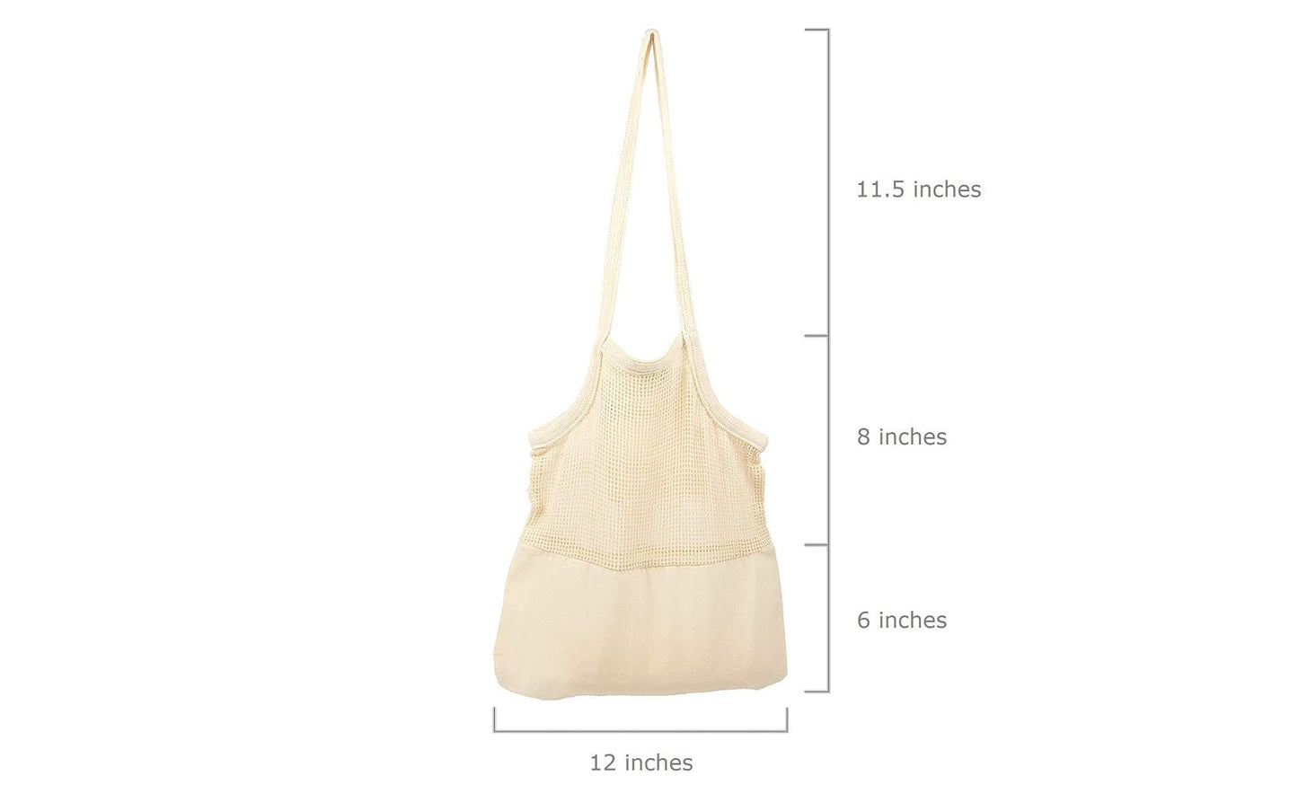 Beige mesh tote bag size: 12 in wide, 11.5 in tall, 8 in tall