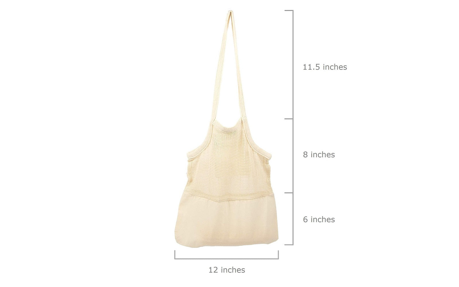 Beige mesh tote bag size: 12 in wide, 11.5 in tall, 8 in tall