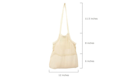 Beige mesh tote bag size: 12 in wide, 11.5 in tall, 8 in tall