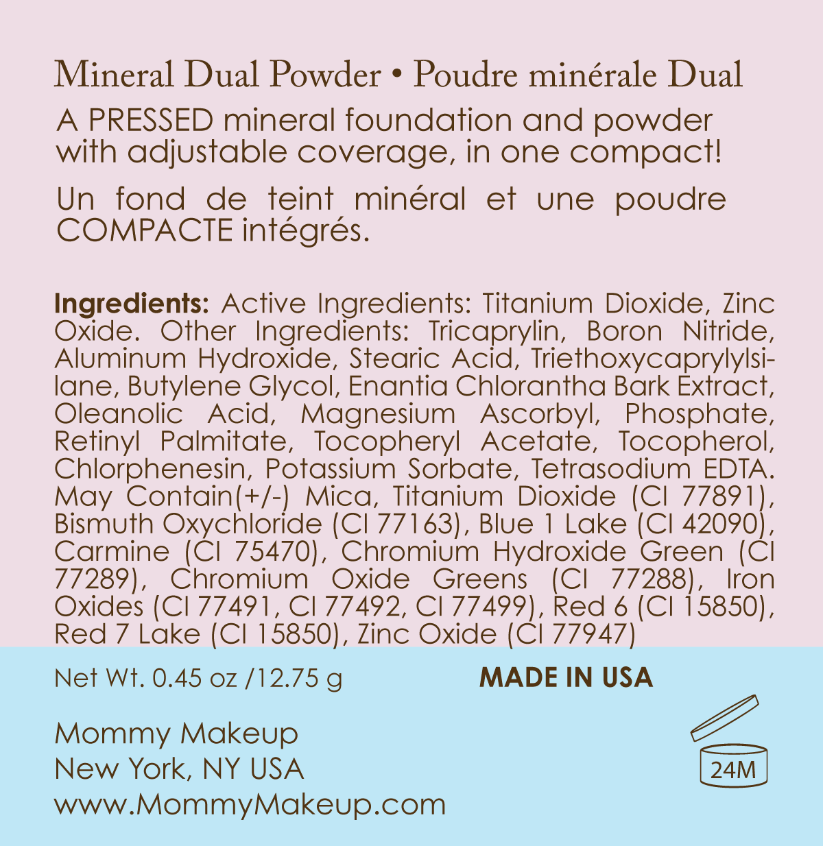 Mineral dual powder foundation product information panel with ingredients