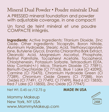 Compact case back label with ingredients and net weight text
