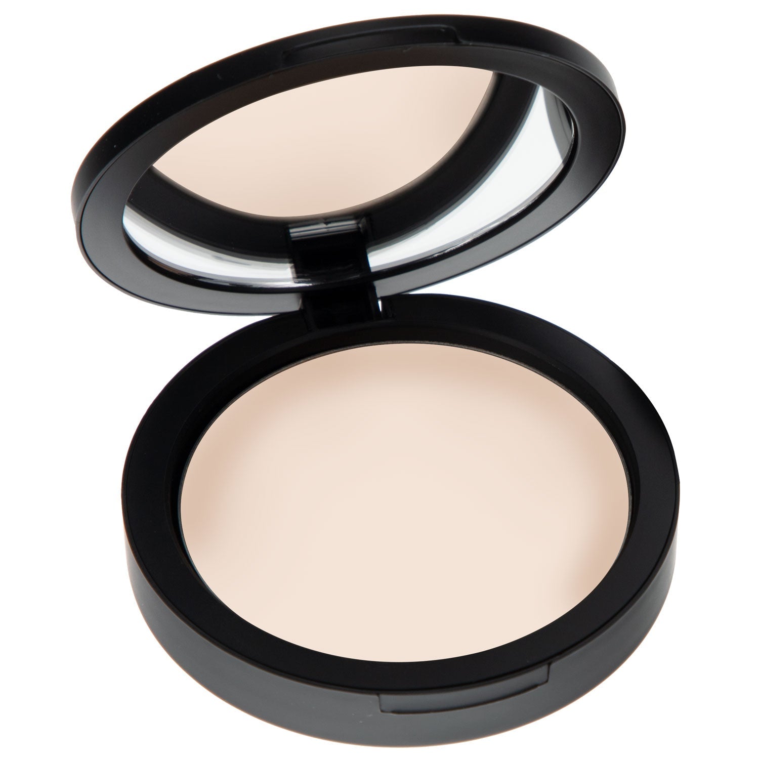 Mineral dual powder foundation compact with light beige powder and open lid