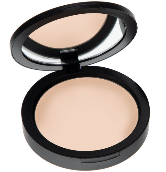Pressed powder foundation compact with open lid, light beige powder