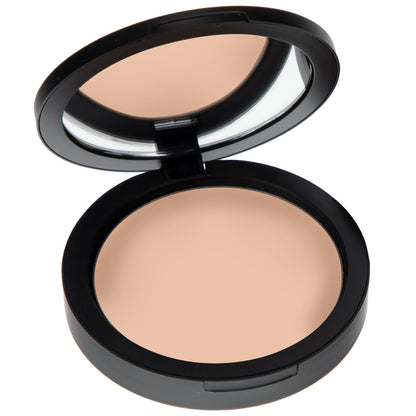 Mineral dual powder foundation compact with medium beige pressed powder, open lid