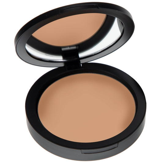 Pressed mineral powder foundation compact, medium-dark tan shade