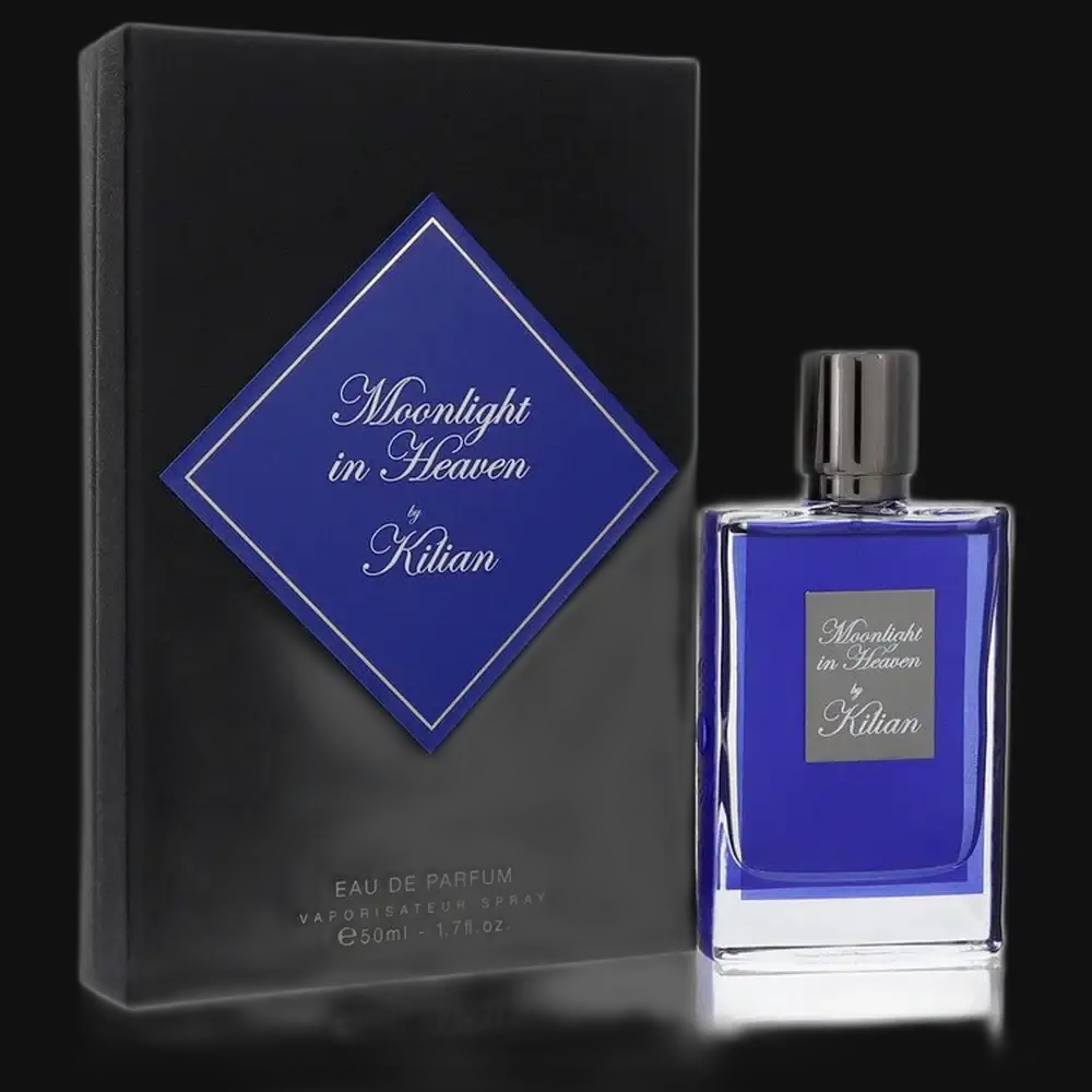 Unisex Eau de Parfum bottle with dark blue glass and Kilian label, with box.